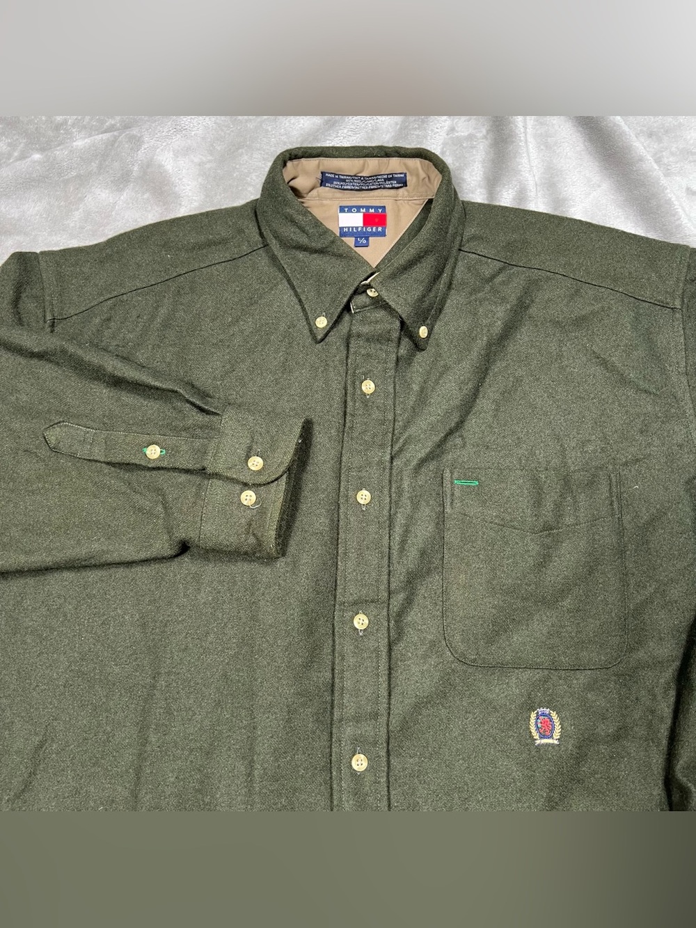 Vintage Tommy Hilfiger Wool Button Down Shirt Men L Green Long Sleeve Crest Logo